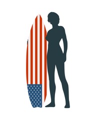 Wall Mural - woman posing with surfboard. human silhouette. vintage surfing graphic and emblem for web design or 