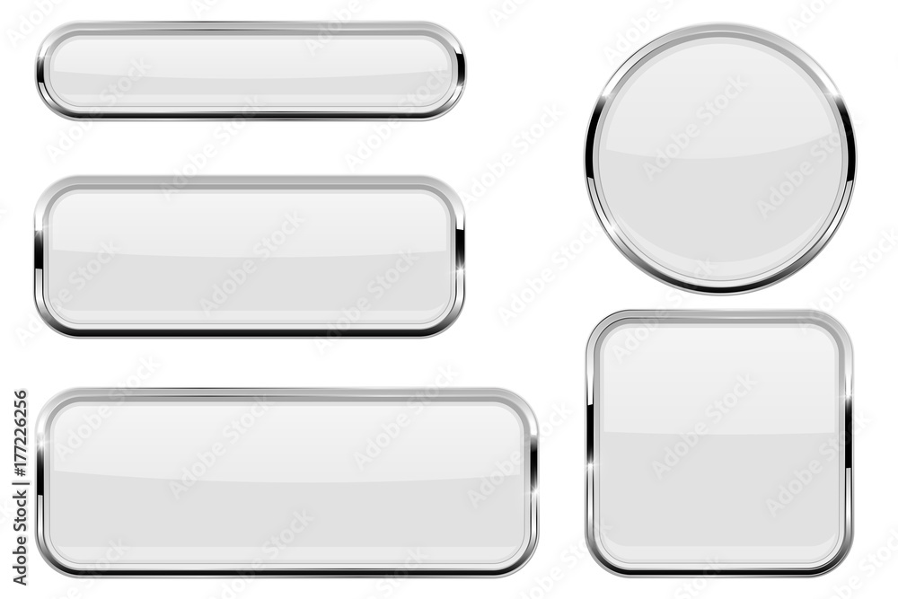 White glass buttons with chrome frame - obrazy, fototapety, plakaty 
