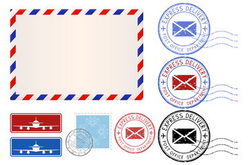 Wall Mural - Postal elements. Envelope, stamps, Express delivery postmarks