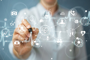 Aufkleber - Businesswoman using digital medical interface with a pen 3D rendering