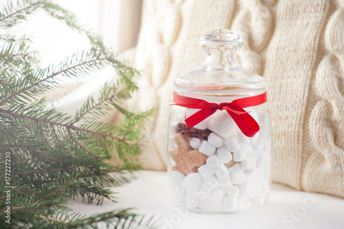 Christmas Decoration With Marshmallow And Sweet Cookie In Glass