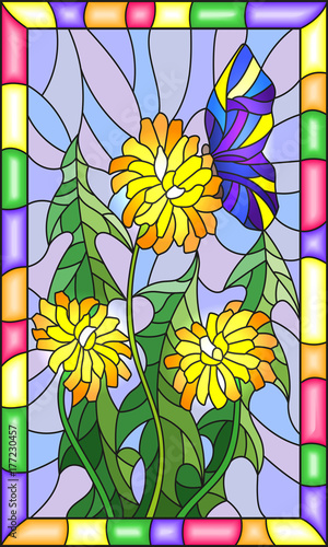 ilustracja-w-witrazu-stylu-kwiat-taraxacum-i-motyl-na-blekitnym-tle