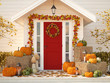autumn decorated house with pumpkins and hay. 3d rendering