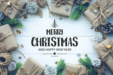 Wall Mural - merry christmas and happy new year typography,text with christmas ornament decoration
