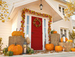 © 2mmedia - autumn decorated house with pumpkins and hay. 3d rendering