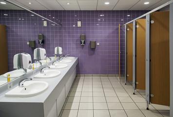 Public Bathroom with sinks, mirrors and cubicles