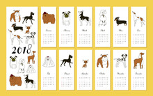 Monthly Creative Calendar 2018 With Dog Breeds. Concept, Vector Vertical Editable Template. Symbol Of The Year In The Chinese Calendar. Minimalism. Vector Illustration. Isolated