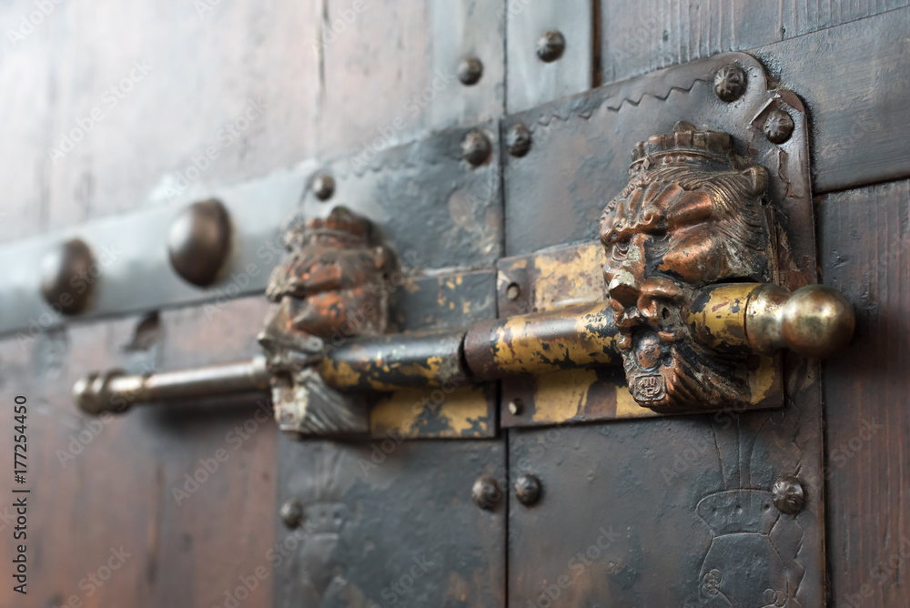 Lion head chinese door locker on a brown wooden door, China