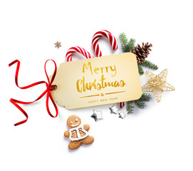 Wall Mural - christmas holiday decoration; christmas composition with fir tree branches and holiday ornament on w
