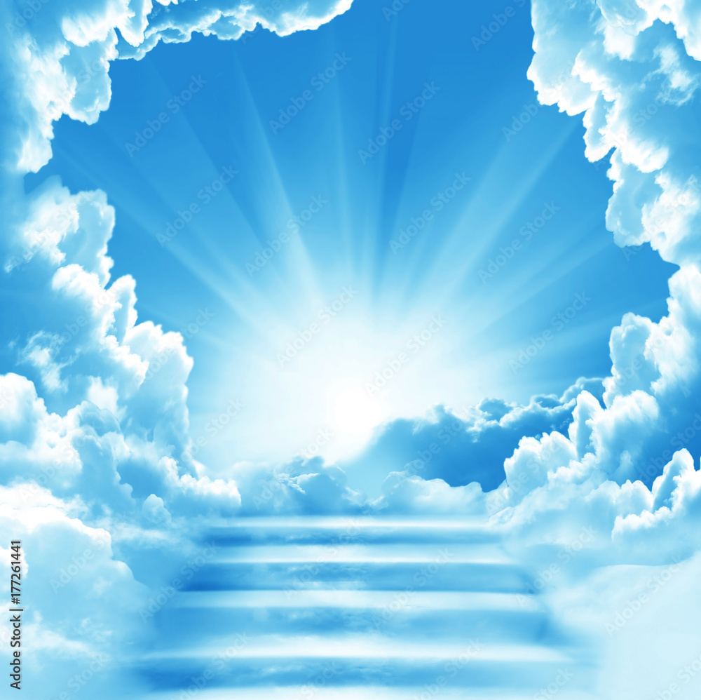 Stairway to Heaven.Stairs in sky. Concept with sun and white clouds ...