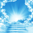 canvas print picture - Stairway to Heaven.Stairs in sky.  Concept with sun and white clouds.Concept  Religion  background