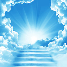 Stairway To Heaven.Stairs In Sky.  Concept With Sun And White Clouds.Concept  Religion  Background