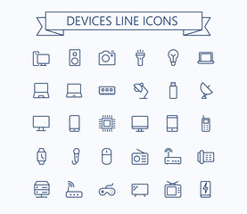 Electronic devices vector thin line mini icons set. 24x24 Grid. Pixel Perfect.Editable stroke.