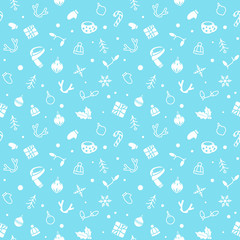 Wall Mural - Vector seamless simple pattern with christmas symbols (tree, gift box, snowflakes, candy cane, toy). Holiday blue background for printing on fabric, paper for scrapbooking, gift wrap and wallpapers.