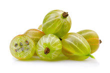 Ripe Green Gooseberries With Leaves Isolated On White Background