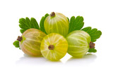 Ripe green gooseberries with leaves isolated on white background