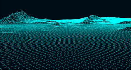 Wall Mural - abstract digital landscape with particles dots and stars on horizon. wireframe landscape background.