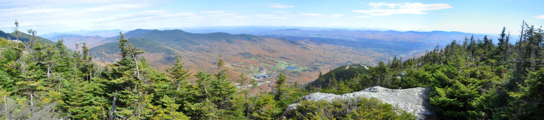 Aerial view of Green Mountain panorama near town of Stowe, viewed from the top of Mount Mansfield, Vermont, USA.