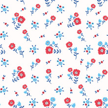 Floral Seamless Colorful Pattern With Blue And Red Flowers On White Background. Ditsy Floral Background. Elegant And Tender Vector Illustration For Print, Scrapbooking Etc