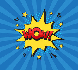 Wall Mural - retro comic speech bubble with colorful halftone shadow on blue stripes pattern. expression text wow