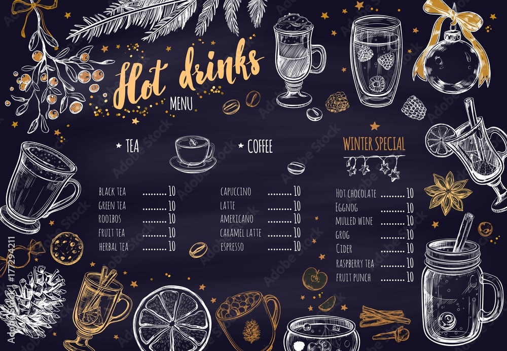 Hot drinks Winter Menu. Design template includes different hand drawn ...