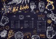 Hot drinks Winter Menu. Design template includes different hand drawn illustrations and Brushpen Lettering. Beverages, drinks and christmas elements. Mulled wine, Hot chocolate, Latte, Tea, Grog etc.