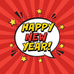 Wall Mural - stylish colorful retro comic speech bubble on striped red background. expression text happy new year