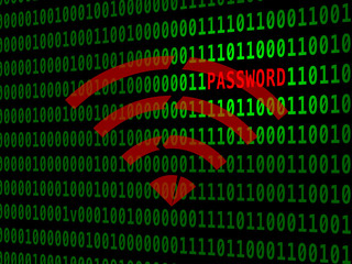 the key reinstallation attack (krack), wi-fi security flaw symbol on green binary code background.