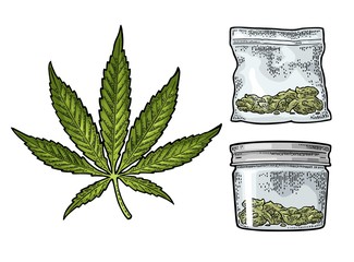 Wall Mural - Glass jar and plastic bag for smoking cannabis. Engraving