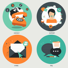 Wall Mural - Set of flat vector icons for web and mobile phone services and apps. Icons for frequently asked questions, e mail, contact and support. 