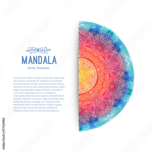 Photo Watercolor mandala, lace ornament made of round pattern in oriental style