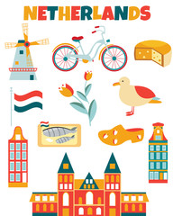  Bright poster with different elements and landmarks of Netherlands.