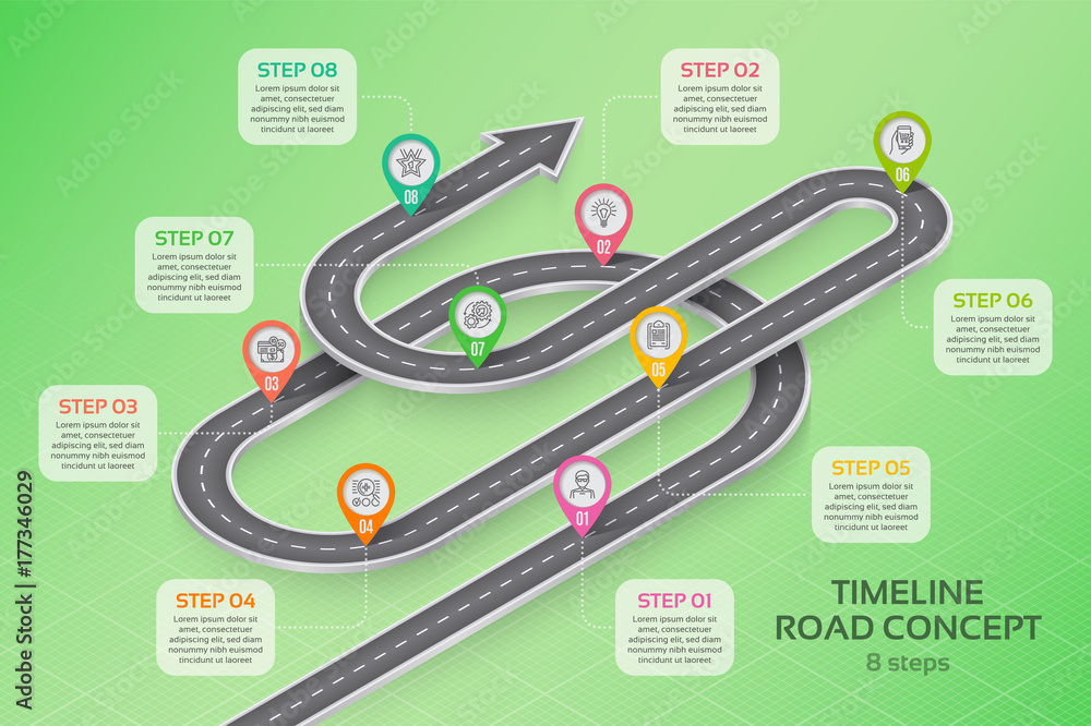 Isometric navigation map infographic 8 steps timeline concept Stock ...