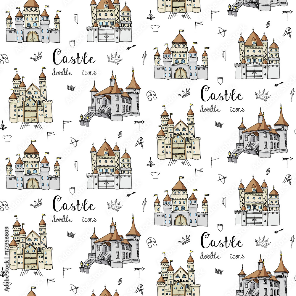 Seamless pattern with hand drawn cartoon fairy tale castle icons ...