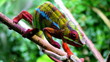 Piękny kolorowy kameleon idący po gałęzi