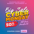 © mnaufal design - Cyber Monday Super Sale. Up to 50% off Big Sale Sidebar Banner, Poster, Sticker, Badge Advertising Promotion with Price Tag Label Element & Voucher Coupon Gift Code. Fresh Gradient Background Color