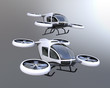 Two self-driving passenger drones flying in the sky. 3D rendering image.