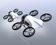 Rear view of two self-driving passenger drones flying in the sky. 3D rendering image.