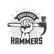Hand with hammer and knock knock words on white.  Worn out texture on separate layer. Retro vector illustration.