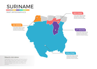  Suriname map infographics vector template with regions and pointer marks