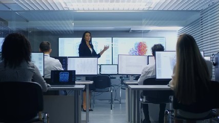 Fototapete - Chief Female Computer Engineer Holds Office Briefing in the Neural Network Machine Learning Research Center.