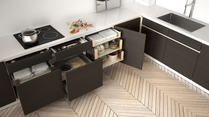 Modern kitchen top view, opened wooden drawers with accessories inside, solution for kitchen storage, minimalist interior design