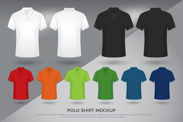 men's polo shirt mockup, set of black, white and colored blank polo shirts templates design. front a