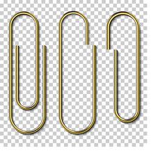 Metal Gold Paperclips Isolated And Attached To White Paper Isolated On Transparent Background