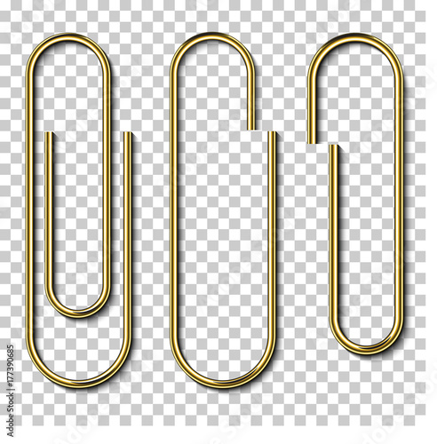 Fotomural Metal gold paperclips isolated and attached to white paper isolated on transpare