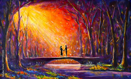Lovers on bridge in woods at night. Romantic rays on lovers. Love ...