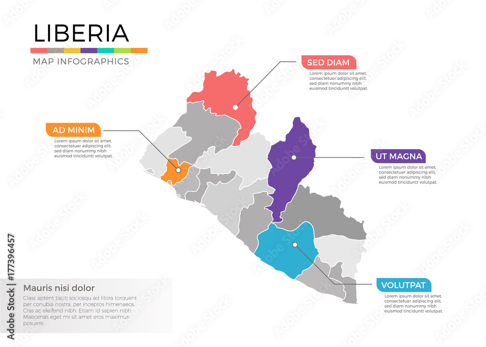 Liberia map infographics vector template with regions and pointer marks ...