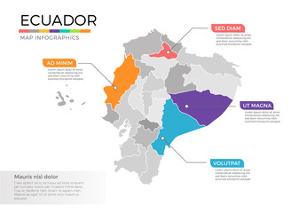  Ecuador map infographics vector template with regions and pointer marks
