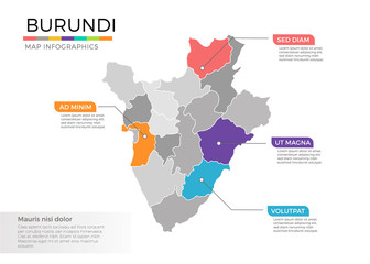  Burundi map infographics vector template with regions and pointer marks