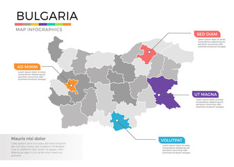  Bulgaria map infographics vector template with regions and pointer marks